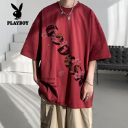 花花公子（PLAYBOY）純棉短袖T恤男300G重磅夏季大碼印花半袖寬松情侶打底衫體.恤潮流 酒紅色 L