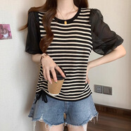 恰凡（QIAFAN）條紋正肩短袖t恤女2025夏季新款遮肚顯瘦法式雪紡拼接泡泡袖上衣 黑色 L 建議100-115斤