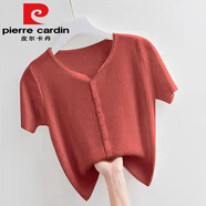 皮爾卡丹（pierre cardin）冰絲短袖t恤女2025新款針織衫薄夏季時(shí)尚開衫V領(lǐng)上衣打底衫 磚紅【小個(gè)子百搭】 L