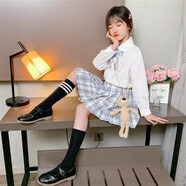 界方1-14歲洋氣小孩夏天穿的春秋女童套裝秋季兒童百褶格裙小學(xué)生中大童短裙子jk服六一表演服 圓領(lǐng)長(cháng)袖+丁香紫裙+領(lǐng)花 100cm