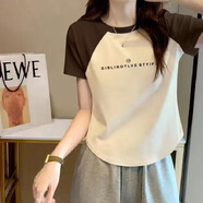 歐洛黛（OULUODAI）短袖t恤女新款女裝百搭小眾洋氣插肩上衣潮體恤衫不規(guī)則短袖女 一行小字母（棕肩） L 建議105-115斤