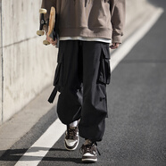 沂倫赫工裝褲男春夏秋季日系cityboy休閑褲大碼束腳寬松傘兵直筒闊腿褲 22397黑色 L （建議110-130斤）