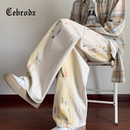 Cebrodz法國 彩繪彎刀牛仔褲男春夏季美式潮牌男褲設計感寬松闊腿褲子 白色 L