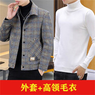 啄木鳥(niǎo) 休閑夾克男修身秋冬季潮流短款翻領(lǐng)格子外套青年帥氣加厚毛呢大衣 2206灰色+白毛衣 M