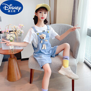 迪士尼（Disney）初夏女童背帶褲夏季中大童牛仔短褲夏款洋氣寬松外穿兒童薄款褲子 藍(lán)色單背帶褲 150 建議身高140cm 建議8-11歲
