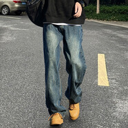 FOG SKY 美式牛仔褲男夏季休閑長(zhǎng)褲水洗做舊工裝直筒褲復(fù)古寬松褲子男 ZWFS-23KG30005復(fù)古藍(lán) （夏款） L （建議110-130斤）