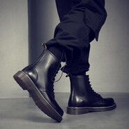 JUKUANG 新款馬丁靴男真皮男靴英倫潮流高幫皮鞋鞋子厚底工裝靴男士潮中幫百搭男鞋 系帶加絨款黑色 39(標準皮鞋尺碼-運動(dòng)鞋拍小一碼)