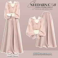 SELILECO冬天衣服套裝女胖子穿搭一整套大碼女裝高端胖妹妹秋冬季2024新款 粉色毛衣杏色背心粉裙褲 三件套 3XL 建議160-180斤