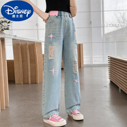 迪士尼（Disney）女童夏季薄款軟牛仔褲子女2024新款高腰窄版兒童闊腿褲女大童直筒 淺藍(lán)破洞(夏季薄款) 【現(xiàn)貨速發(fā) 140(適合130-140cm，7-9歲)(140
