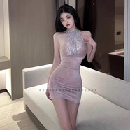 風(fēng)情萬(wàn)種的裙子性感蕩領(lǐng)掛脖吊帶露背收腰顯瘦修身包臀碎花連衣裙 粉色 均碼