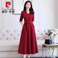 皮爾卡丹春秋長袖連衣裙女2025新款收腰顯瘦洋氣女神范氣質(zhì)紅色禮服長裙子 酒紅 XL 建議115-125斤