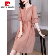 皮爾卡丹（pierre cardin）媽i媽中袖氣質(zhì)棉麻連衣裙2025新款女夏季高端精致系帶收腰亞麻裙 粉紅色 M