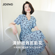 嬌鼎【商場(chǎng)同款】仙翎藍(lán)碎花連衣裙清新雅致夏圍裹法式茶歇裙CJDJ404 圍裹式碎花連衣裙 XL