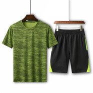 愛(ài)寶奇 運(yùn)動(dòng)套裝男 夏季新品男士大碼彈力休閑時(shí)尚跑步馬拉松羽毛球健身短袖T恤速干套裝 熒光綠/黑綠 L