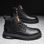 特豪川（TEHAOCHUAN）男鞋冬季高幫馬丁靴2025新款男士英倫休閑皮鞋復古上班工作工裝鞋 9367高幫黑色加絨 40