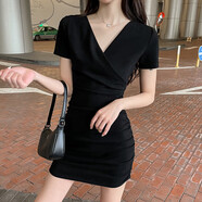 憶靜萱（YIJINGXUAN）v領(lǐng)黑色性感包臀裙連衣裙2025新款女純欲夜店修身顯瘦氣質(zhì)裙子夏 黑色 S 建議80-92斤