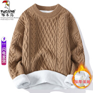 啄木鳥圓領(lǐng)針織毛衣男秋冬季寬松百搭質(zhì)感條紋打底衫休閑潮流長袖內(nèi)搭 卡其色加絨 L (建議110-125斤)