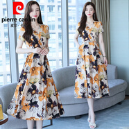皮爾卡丹（pierre cardin）桑蠶絲連衣裙女2024年夏季新款媽l媽氣質(zhì)碎花收腰中長裙 黃色 XL 合適125-130斤