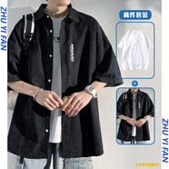 主意范（ZHUYIFAN）胖子超大碼國風(fēng)七分袖襯衫男夏季外套寬松刺繡冰絲學(xué)生休閑襯衣男 C351黑色襯衫+T恤 XL 125-145斤可穿