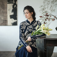 生活在左提花毛織上衣優(yōu)雅國風氣質(zhì)修身顯瘦秋冬新款針織衫女 深藍色 M