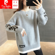 皮爾卡丹（pierre cardin）中長款假兩件加絨毛衣女秋冬2025新款慵懶寬松加厚針織打底衫 灰色 XL