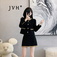 JVH香港潮牌小香風(fēng)包臀裙套裝女 2025春季新款粗花呢短外套半身裙子 黑色 S 【85-100斤】