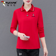 啄木鳥POLO衫女好棉長袖t恤春秋款2025秋季新款時尚洋氣翻領(lǐng)上衣 紅色 2XL  建議125-140斤