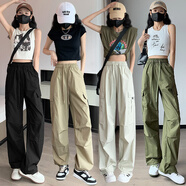 妹丫2025工裝褲女夏高腰闊腿直筒休閑設(shè)計(jì)感速干美式復(fù)古登山運(yùn)動(dòng)褲 黑色-常規(guī) M建議95-105斤