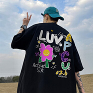 大魚界線（dayujiexian）潮牌多巴胺穿搭T恤夏季高街小領(lǐng)口5分袖240g重磅男款落肩短袖男 黑色 S