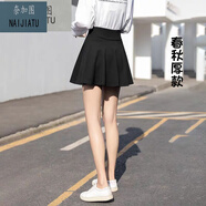 奈加圖（NAIJIATU）短裙女夏百褶a字裙子高腰傘裙黑色蓬蓬裙半身裙春秋顯瘦小黑裙 黑色 春秋 3XL 140-150斤