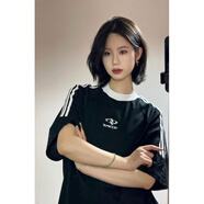 嬌茹妮國潮美式復古拼接插肩短袖t恤男女夏季高街情侶寬松織帶上衣 黑色 M