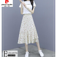 皮爾卡丹字母T恤+雪紡連衣裙套裝女夏季新款顯瘦碎花裙子兩件套 【有內襯】雪紡裙 L 100-115