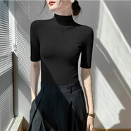 半高領(lǐng)中袖t恤女半袖打底衫內(nèi)搭春夏2024新款修身五分袖上衣短袖 黑色【螺紋半高領(lǐng)】 XXL【125-140斤】