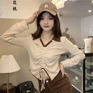 正肩t恤女顯瘦別致長袖上衣女長袖T恤女顯瘦季新款辣妹純欲風(fēng)Polo領(lǐng)長袖T恤女設(shè)計感抽繩系帶短款上衣 杏色 【華夫格-高質(zhì)量】 L