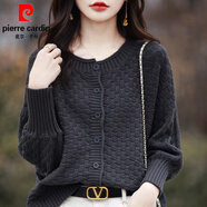 皮爾卡丹（pierre cardin）純棉針織衫女士圓領(lǐng)鏤空鉤花長袖外套毛衣寬松慵懶風(fēng)大碼外搭線衫 灰色 2XL 【125-135斤穿】