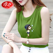 浪莎（LangSha）輕奢高檔品牌純棉吊帶背心女寬松大碼圓領(lǐng)無(wú)袖印花T恤女背帶背心 綠色-泡泡女孩(純棉) 2XL 建議130-145斤