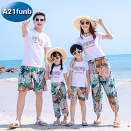A 21 FUNB親子裝海邊沙灘裙夏裝一家三口四口母女夏款連衣長(zhǎng)裙洋氣度假套裝 復(fù)古色小腳長(zhǎng)褲/短褲套裝如圖 190 媽媽款3XL碼(建議135-145斤)