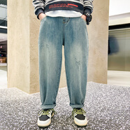 芭梵鼠男童牛仔褲春秋裝新款中大兒童哈倫褲3-14歲男孩學(xué)生直筒寬松長(cháng)褲 藍色 120