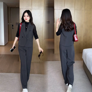 忻依美時尚套裝女2025春秋新款洋氣休閑西裝馬甲打底衫闊腿褲顯瘦三件套 灰色套裝（三件套） 2XL （120-130斤）