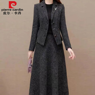 皮爾卡丹（pierre cardin）小香風(fēng)套裝連衣裙女2024新款爆秋冬貴夫人媽媽西服裝毛呢三件外套 黑灰 2XL 【適合126-135斤】