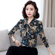 索宛亦（SUOWANYI）碎花雪紡衫襯衣女2021年秋季新款ma媽長袖上衣女士遮肚子洋氣小 藍色 XL 115-125斤