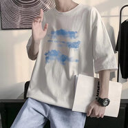 柏斐荻（BYPHYTEE）港風(fēng)文藝小清新夏季短袖T恤五分袖帥氣男寬松百搭ins潮流學(xué)生純色 白色 M
