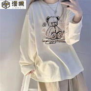 漫佩 新款圓領(lǐng)長(zhǎng)袖T恤女學(xué)生韓版寬松白色上衣中長(zhǎng)款薄款打底衫上衣服 #BEAR網(wǎng)點(diǎn)小熊【款】 M 【建議91斤-105斤】
