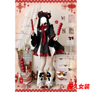 美安嘉秋冬中華風(fēng)保暖可愛甜美新年紅圣誕少女lolita連衣裙套裝拜年服 卯華黑紅套裝+襪套 L