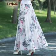 子牧棉麻夏裝 女雪紡半身裙長款裙子碎花大擺沙灘裙百搭半身裙1564 水墨牡丹 M(建議95-125斤)
