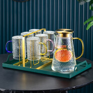 華行 輕奢錘紋玻璃杯帶把水杯女茶杯喝水杯子杯架套裝家庭待客家用客廳 彩色錘紋把杯+金色杯架+綠杯盤(pán)+珍珠壺