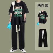 凰梡夏季男裝設計感短袖t恤男ins潮牌男生衣服搭配一套帥氣套裝兩件套 上黑下黑（長(cháng)褲） XL