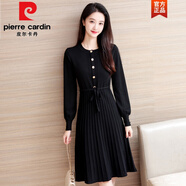 皮爾卡丹（pierre cardin）網(wǎng)紅秋冬款針織連衣裙毛線修身顯瘦過膝打底中長毛衣裙a字燈籠袖 黑色 主圖款9149 M