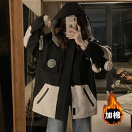 品匯菲大碼女裝風(fēng)衣胖妹妹秋冬季上衣加肥微胖mm時(shí)尚顯瘦寬松遮肚子外套 黑色【加棉】加厚 3XL 建議180-200斤