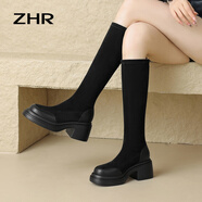 ZHR長筒靴女過膝皮帶扣便捷拉鏈皮靴增高顯瘦女靴女鞋加絨保暖騎士靴 黑色（EH35AH-絨面款-加絨） 37